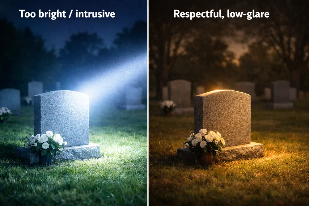 Side-by-side lighting comparison showing that excessive brightness can be intrusive while warm, low-glare light is more respectful.