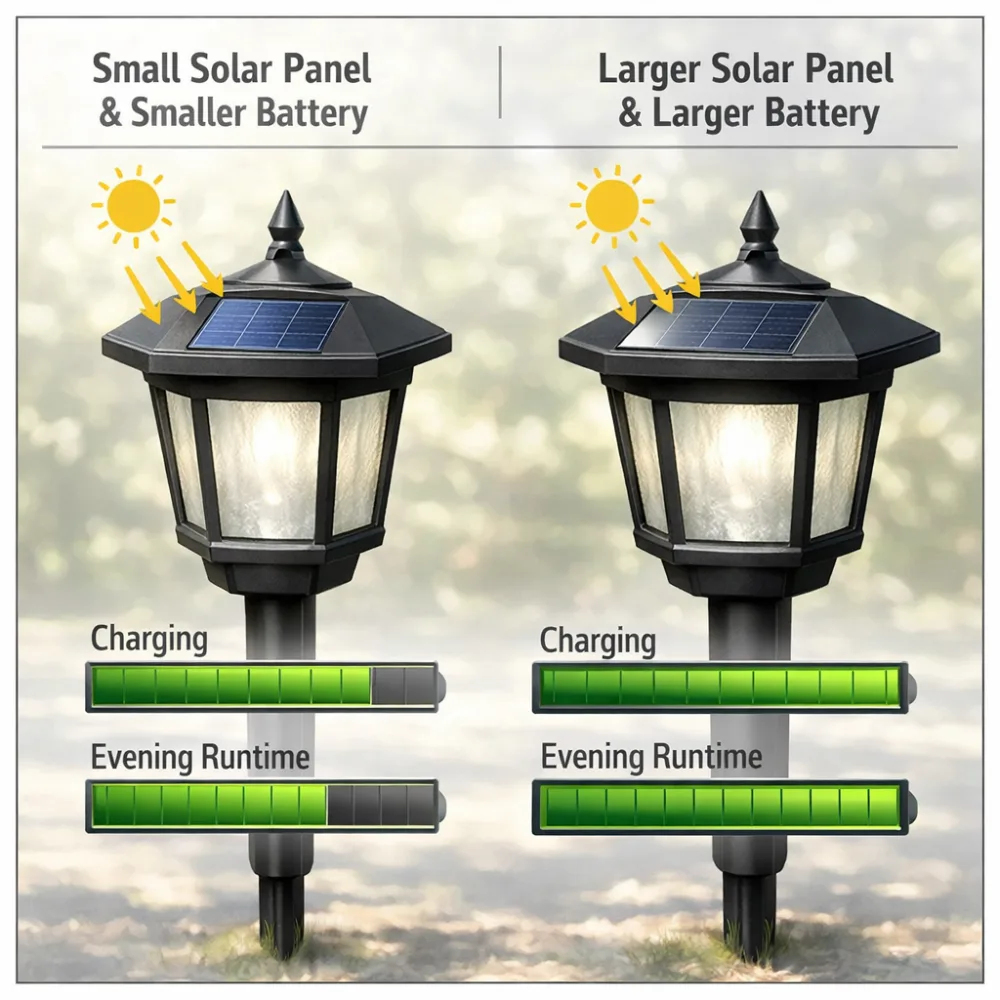 Diagram-style comparison of partial shade charging margin, showing how a larger solar panel and larger battery stabilize runtime.