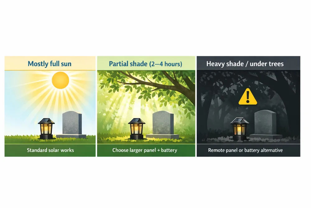 A three-step shade guide showing mostly full sun, partial shade, and heavy shade with recommended approaches for solar cemetery lights.