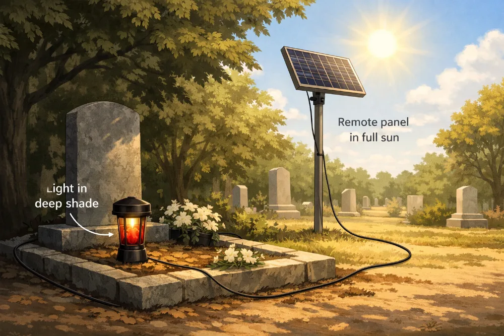 Illustration of a remote solar panel placed in full sun while a solar cemetery light remains in a shaded grave location.