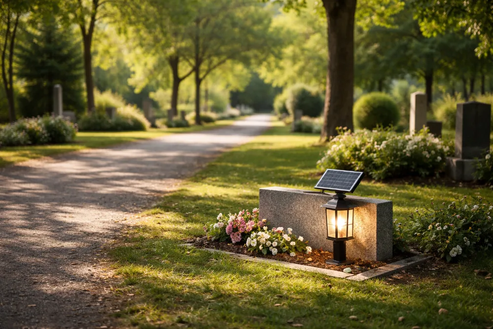 A cemetery plot under tree shade with a solar grave light placed for low-sun conditions, showing calm, respectful outdoor lighting.