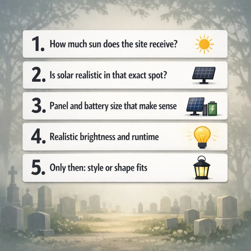 A checklist graphic showing the priority order for choosing solar cemetery lights, starting with sunlight amount and ending with style fit.