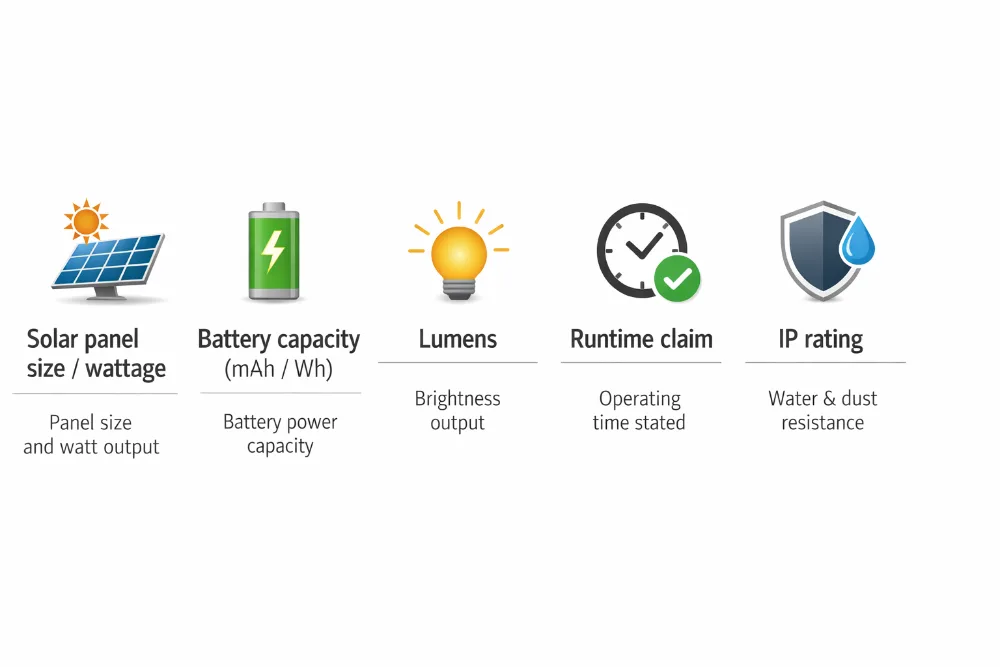 An infographic highlighting the most important solar light specifications for shaded cemetery use: panel size, battery capacity, lumens, runtime honesty, and IP rating.
