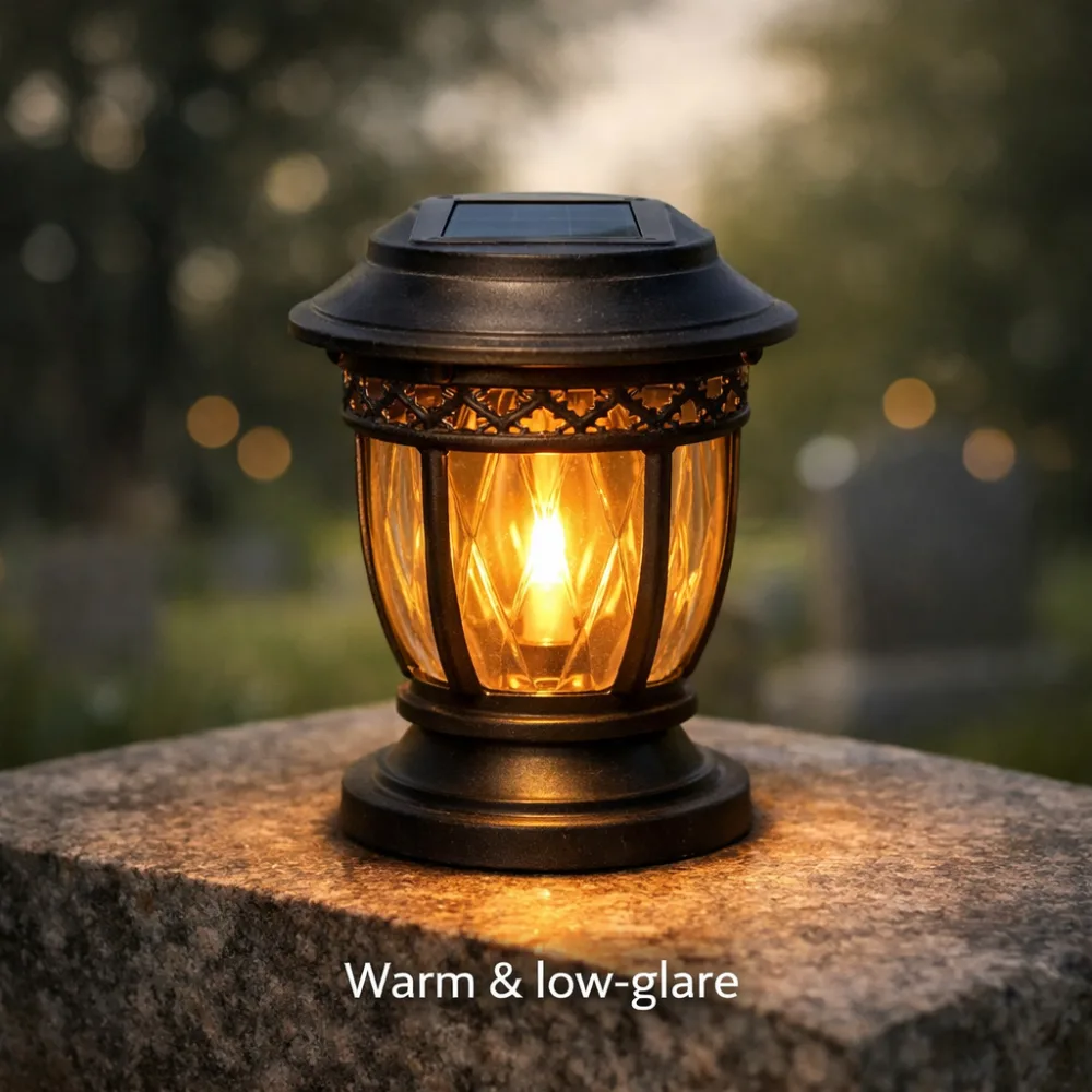 Close-up visual showing warm, low-glare color temperature on a cemetery grave light with a respectful, calm glow.