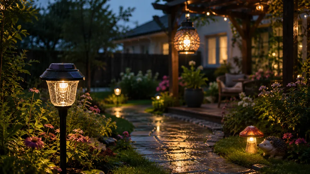 IP44 decorative solar garden lights glowing in a wet garden after light rain