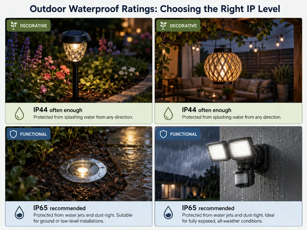 Outdoor lighting scenarios showing when IP44 or IP65 waterproof rating is recommended