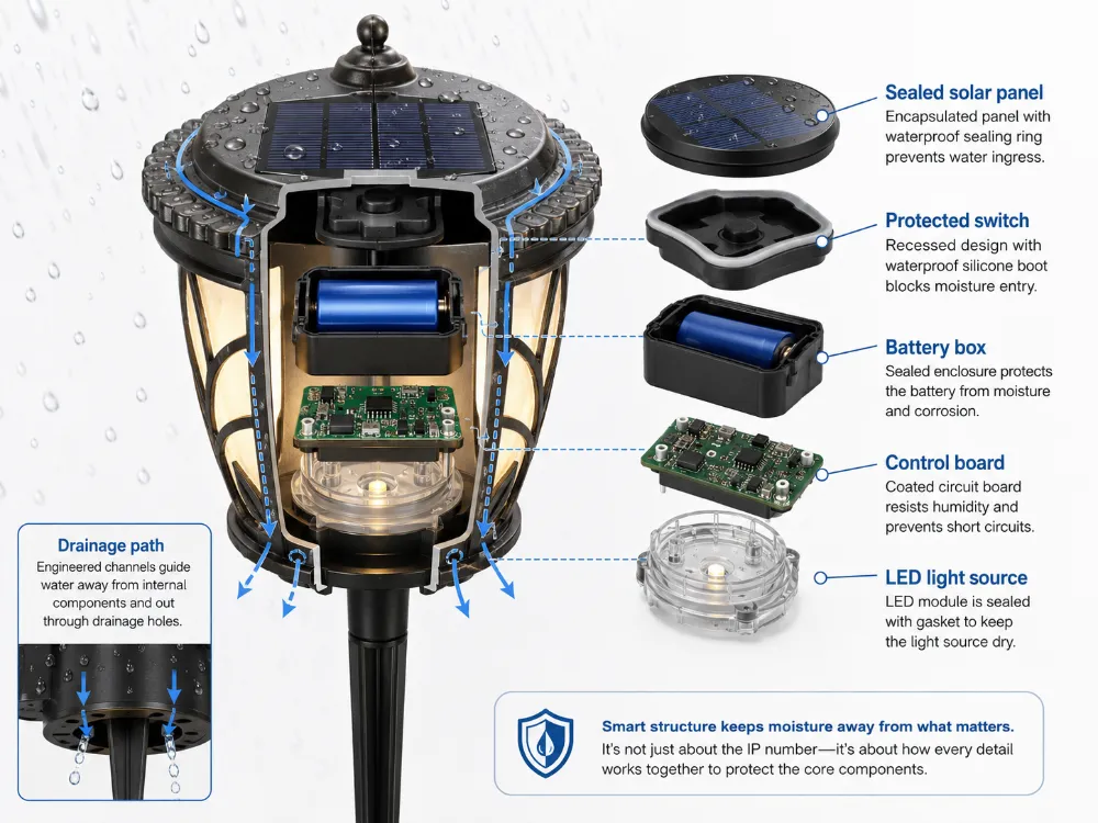 Solar garden light structure with sealed solar panel battery box switch and drainage path