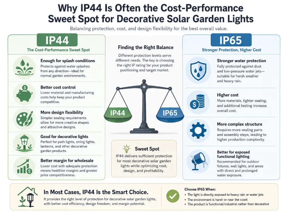 IP44 vs IP65 cost performance comparison for decorative solar garden lights