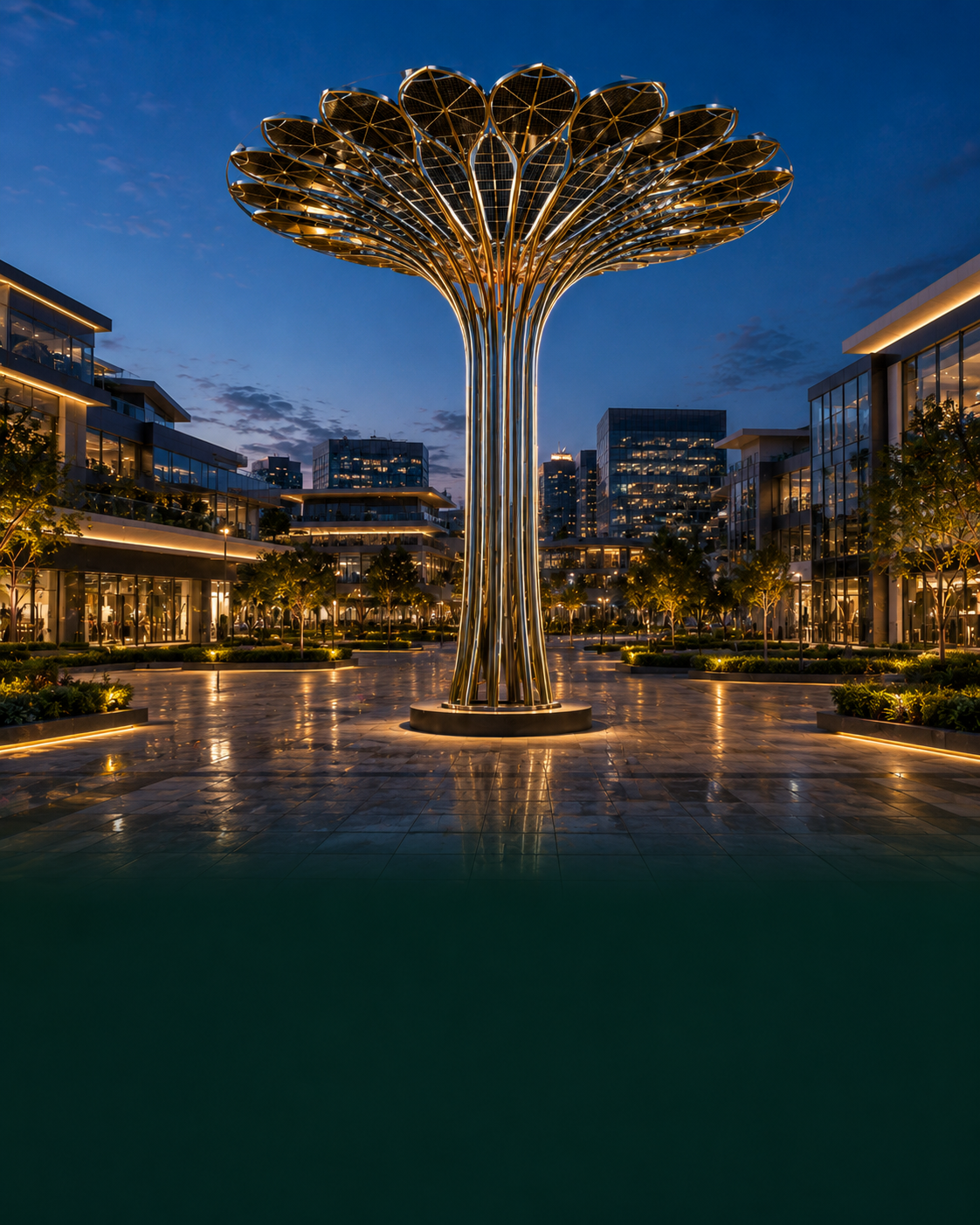 solar tree lighting for commercial plaza