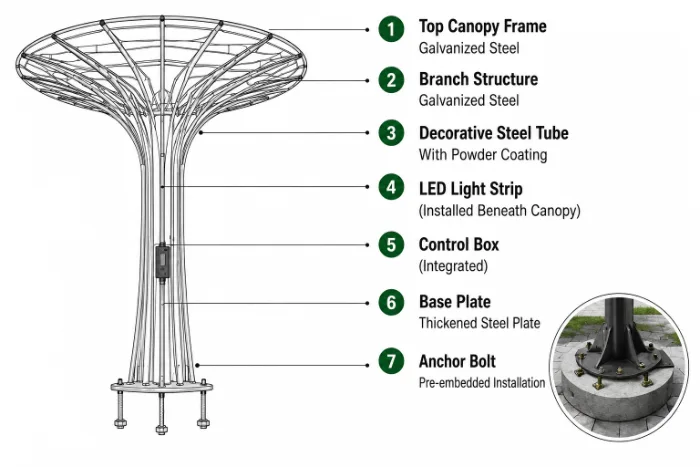 structure and material for solar tree light